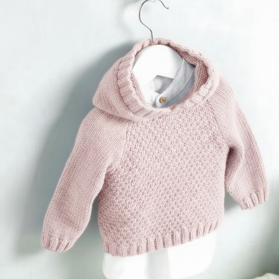 Sweater Hoodie Textured Moss Stitch Raglan Sleeve 16"- 26" ~ 0 - 7 Years DK 8 Ply Light Worsted Knitting Pattern PDF Download