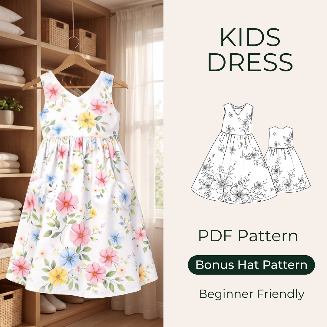 Kids Dress Sewing Pattern PDF, Girls V Neck Dress, Sizes 2Y-10Y