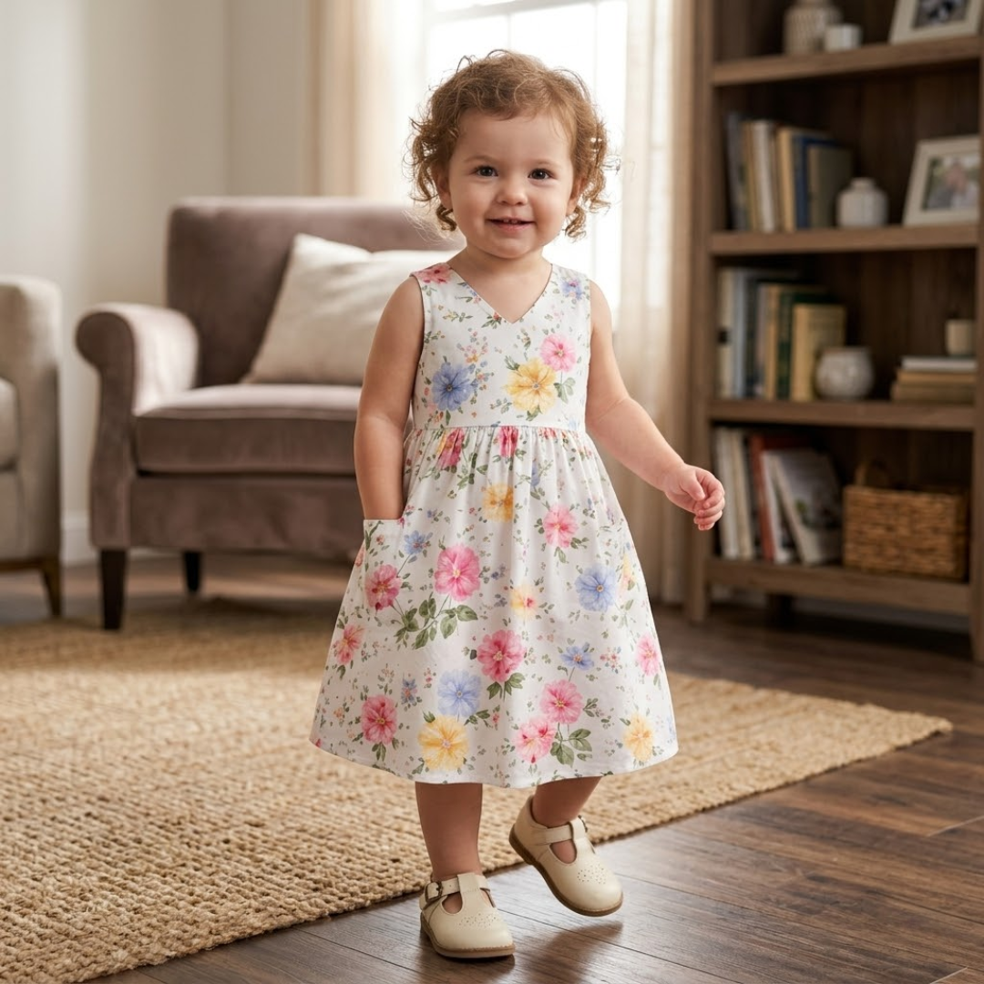 Kids Dress Sewing Pattern PDF, Girls V Neck Dress, Sizes 2Y-10Y