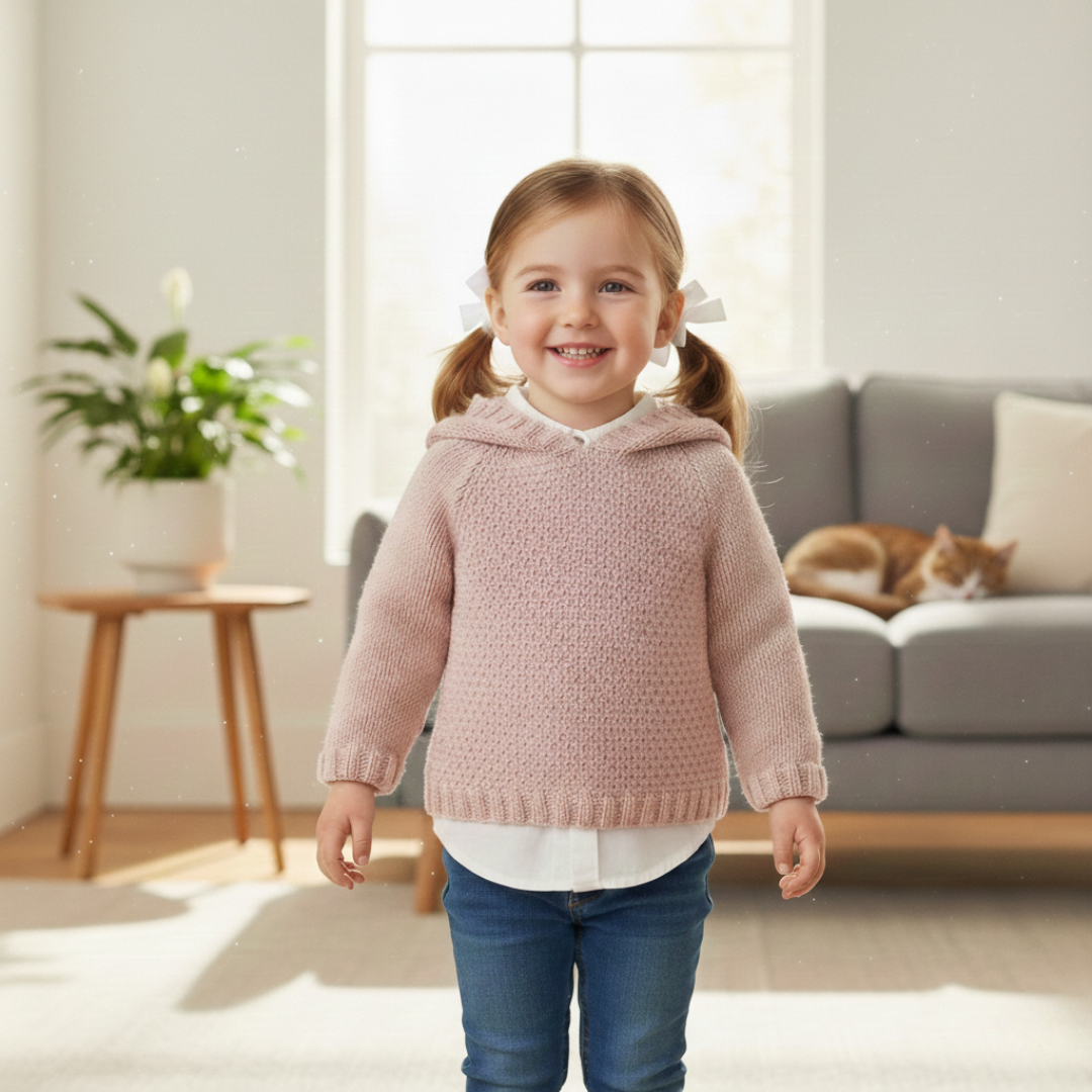 Sweater Hoodie Textured Moss Stitch Raglan Sleeve 16"- 26" ~ 0 - 7 Years DK 8 Ply Light Worsted Knitting Pattern PDF Download